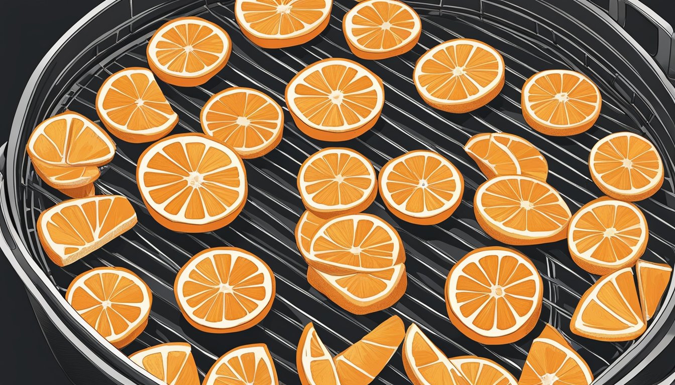 Fresh orange slices arranged in a single layer inside an air fryer basket, with the air fryer turned on and the slices beginning to dehydrate