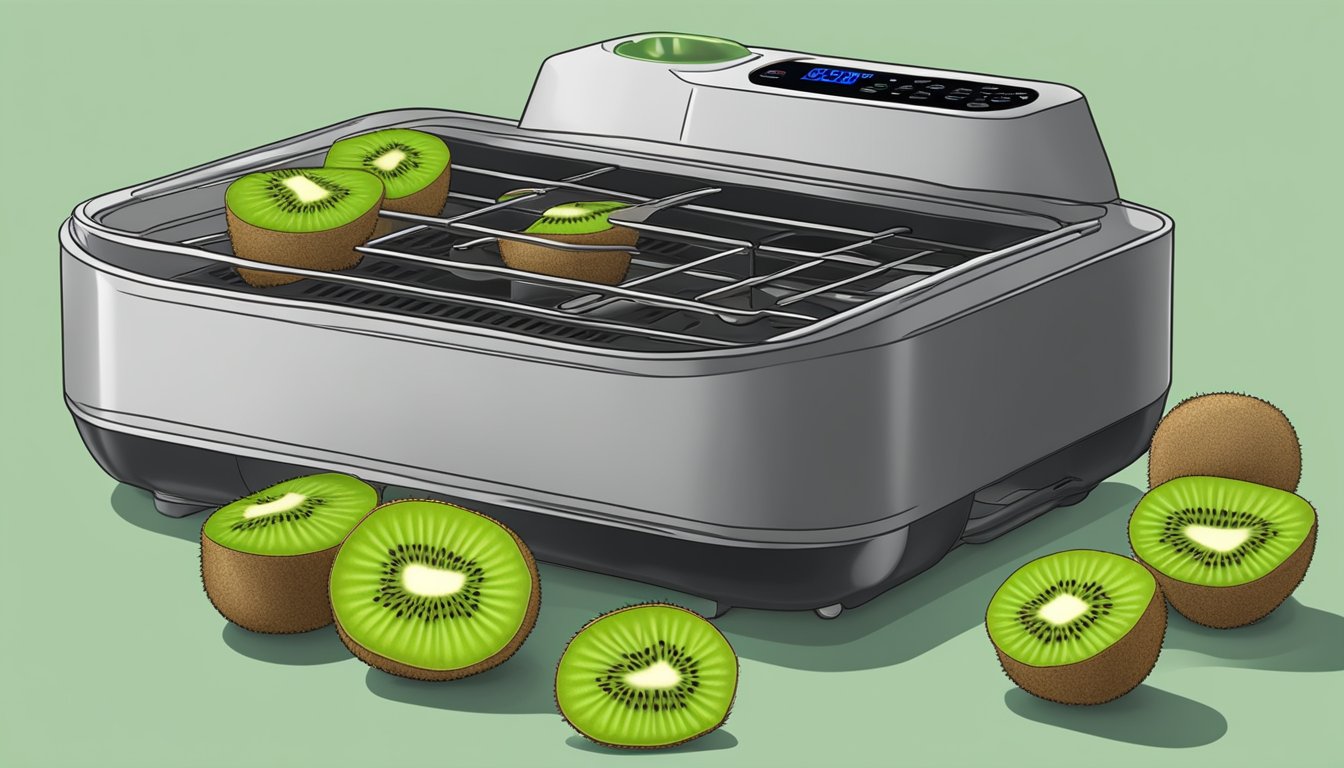 Fresh kiwi slices arranged on air fryer trays, with the machine set to low heat. A timer shows the dehydration process