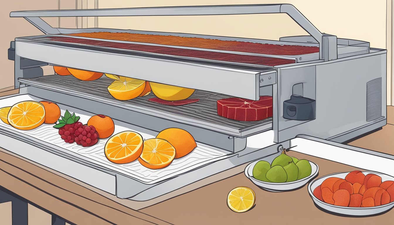 Fresh fruit being sliced and spread onto dehydrator trays. The trays are then placed into the dehydrator to dry the fruit leather