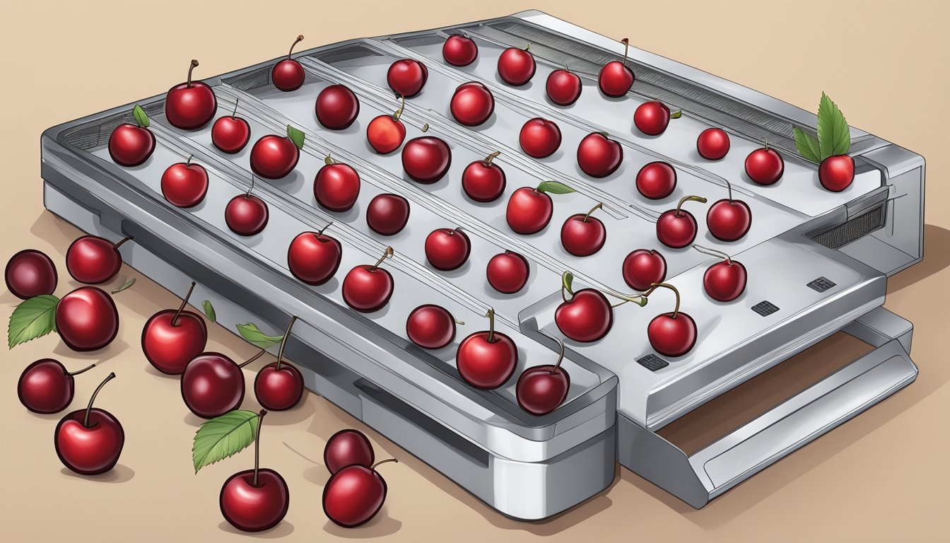 Fresh cherries arranged on dehydrator trays, with the machine set to a low temperature and the door closed