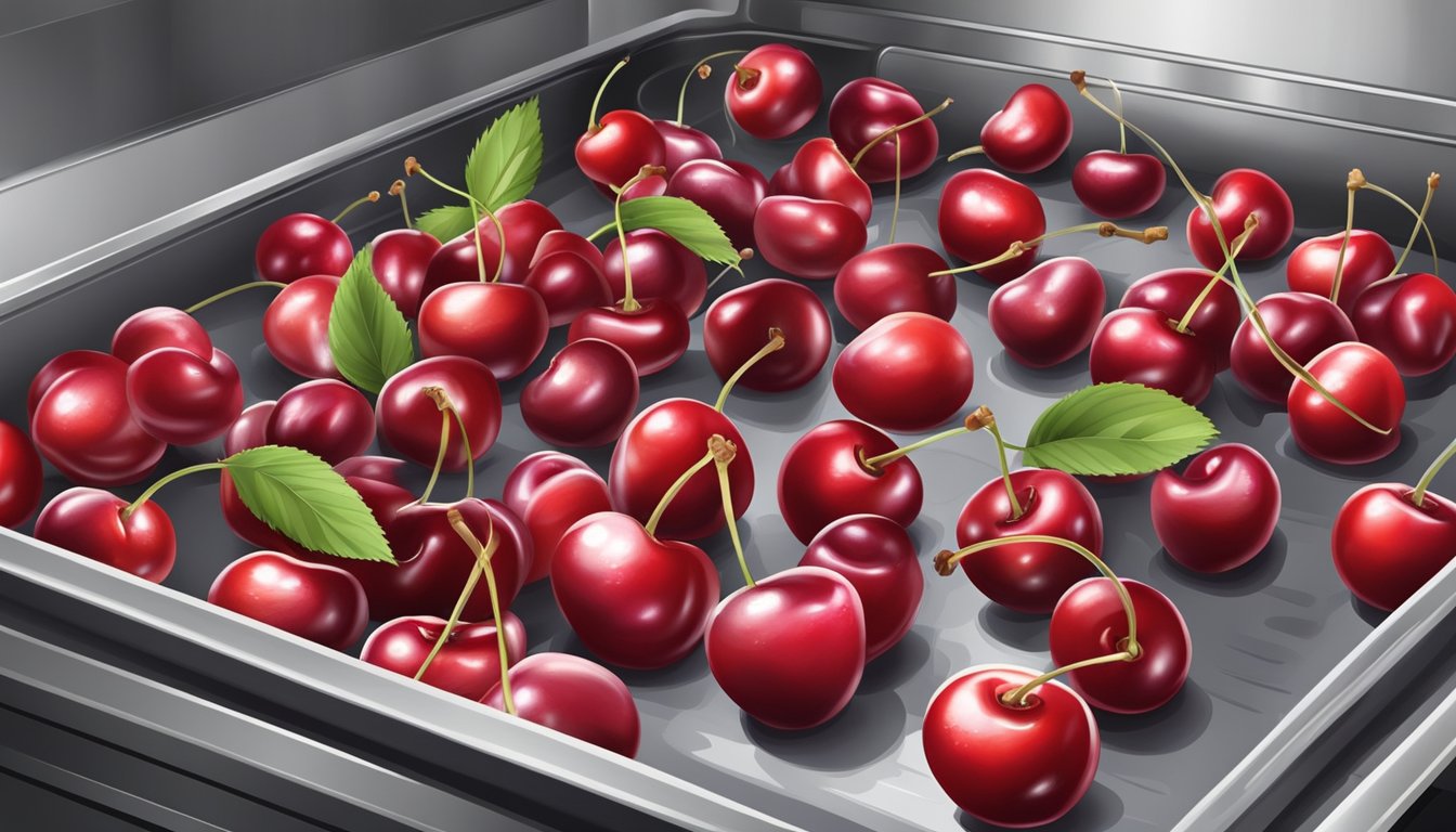 Fresh cherries spread out on a baking sheet, oven door open, heat rising, timer set