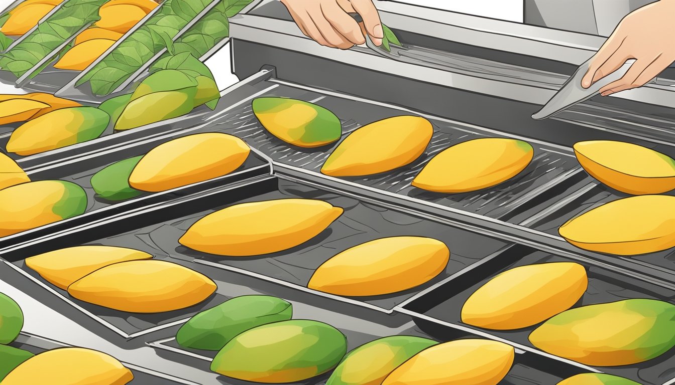 Fresh mangoes being sliced into thin pieces and arranged on dehydrator trays