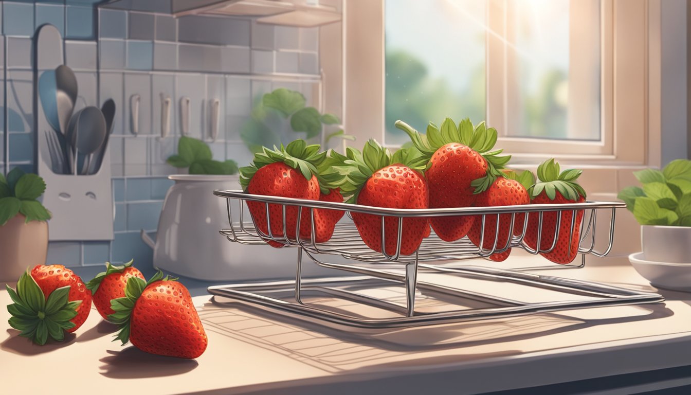 Fresh strawberries placed on a wire rack in a sunny kitchen, with a fan nearby for air circulation