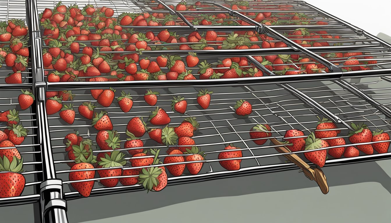 Fresh strawberries laid out on a wire rack, with a fan blowing over them to aid in the dehydration process