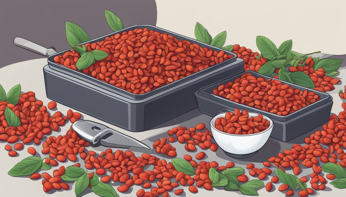 Goji berries laid out on a dehydrator tray, surrounded by a bowl of fresh berries and a knife for slicing