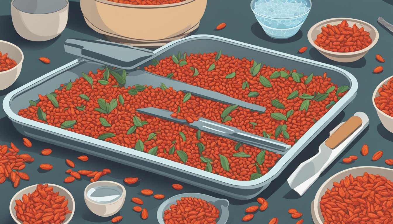 Goji berries laid out on a dehydrator tray, surrounded by bowls of water and a knife for slicing