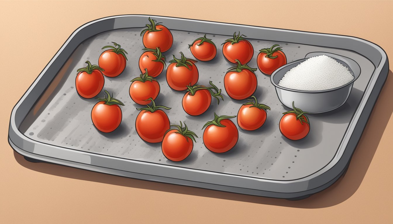 Grape tomatoes laid out on a dehydrator tray, with a bowl of salt and a cutting board in the background