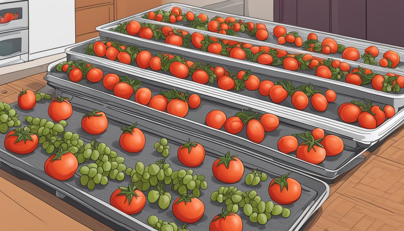 Grape tomatoes laid out on dehydrator trays, with the dehydrator machine in the background and a bowl of freshly picked tomatoes nearby