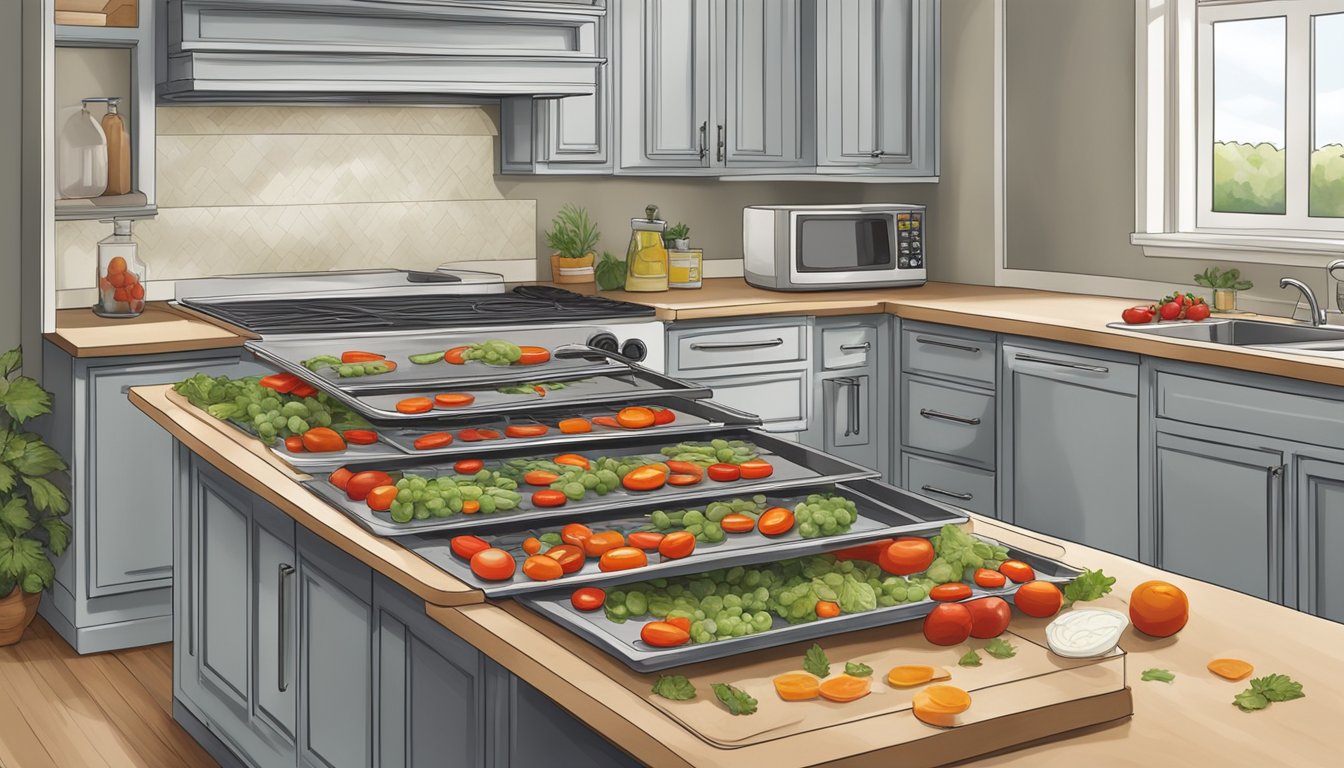 A kitchen counter with a dehydrator, cutting board, and grape tomatoes being sliced and arranged for dehydration