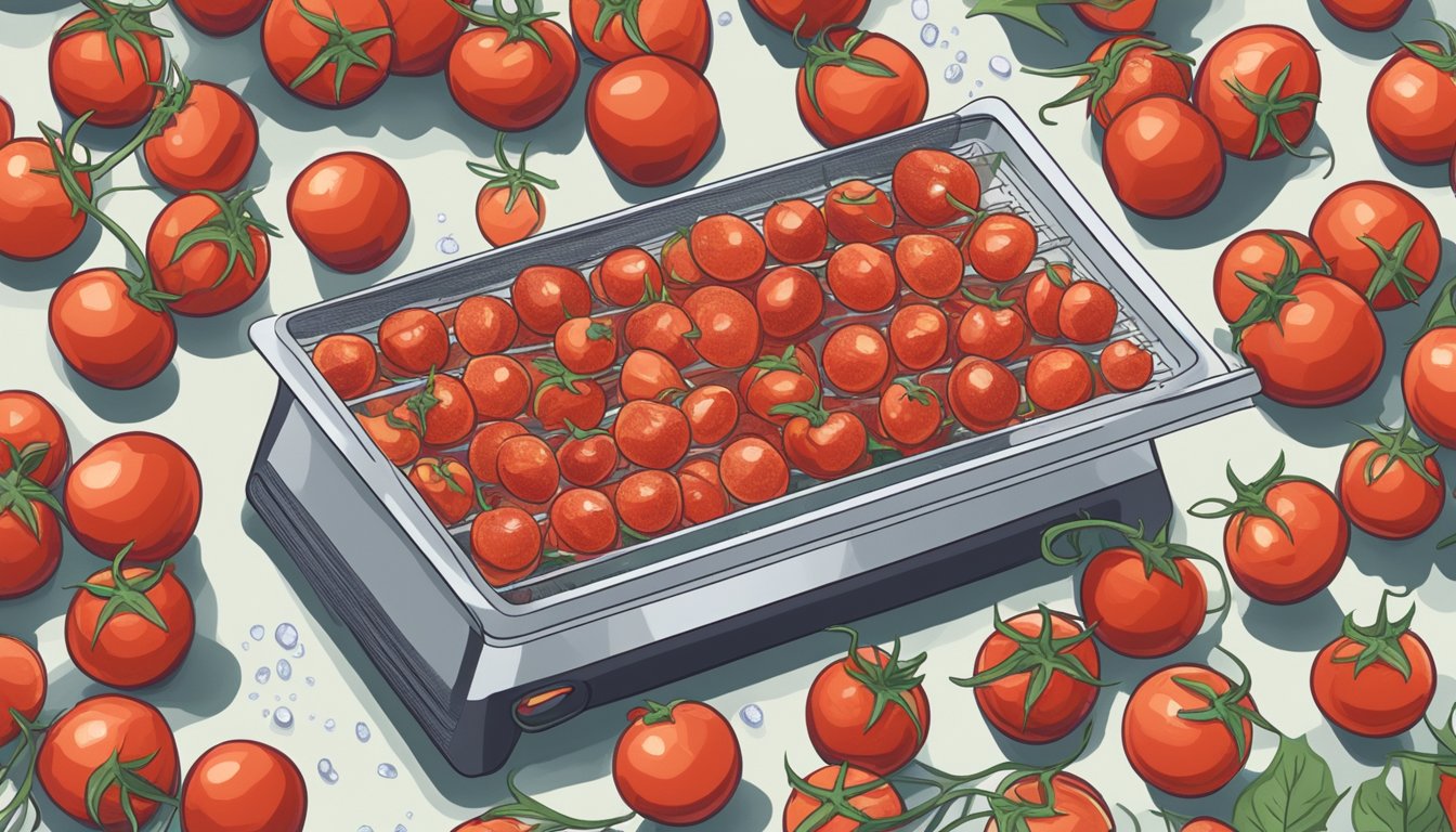 Fresh grape tomatoes being sliced and spread out on a dehydrator tray, with a bowl of sea salt nearby