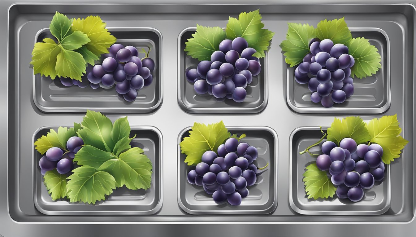 Grapes laid out on a baking sheet, oven door open, heat radiating, timer set