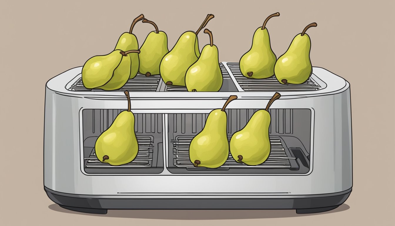 Pears arranged in a single layer inside an air fryer basket, with the air fryer turned on and the pears slowly dehydrating