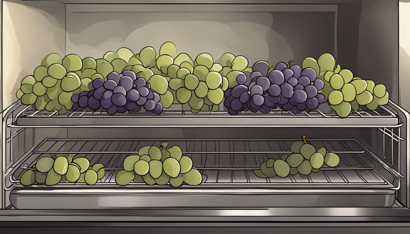 Grapes arranged in rows on a wire rack inside an oven, set to a low temperature. A baking sheet lined with parchment paper catches any drips