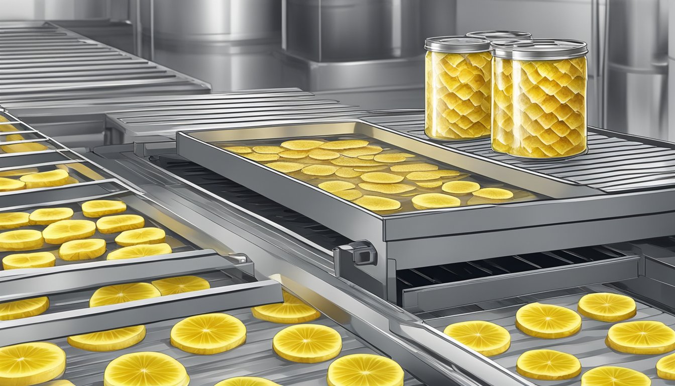 Canned pineapple slices laid out on dehydrator trays, with the dehydrator machine running in the background