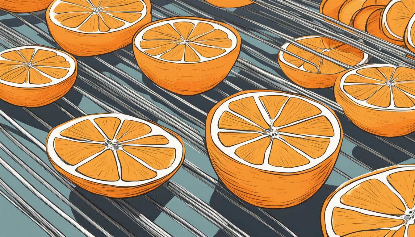 Fresh orange slices laid out on a wire rack under the sun. A bowl of salt nearby to help draw out moisture