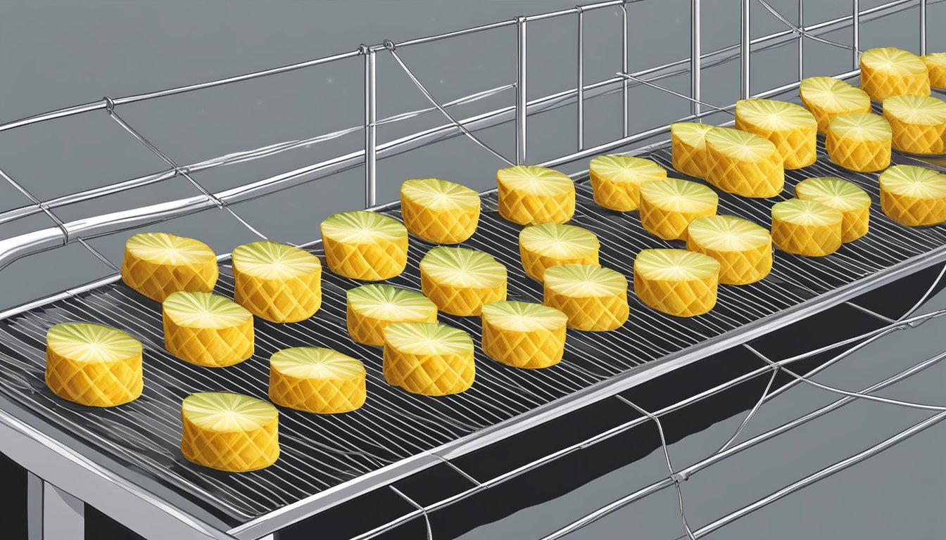 Canned pineapple slices laid out on a wire rack, placed in a warm, well-ventilated area. A fan blows gently nearby to aid in the dehydration process