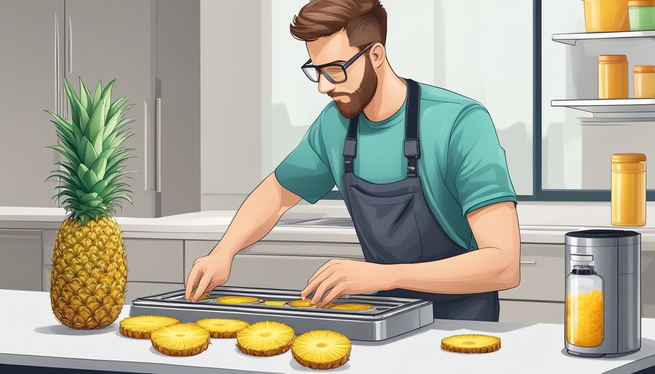 A person opens a can of pineapple, places the slices on a dehydrator tray, and sets the machine to the appropriate temperature and time