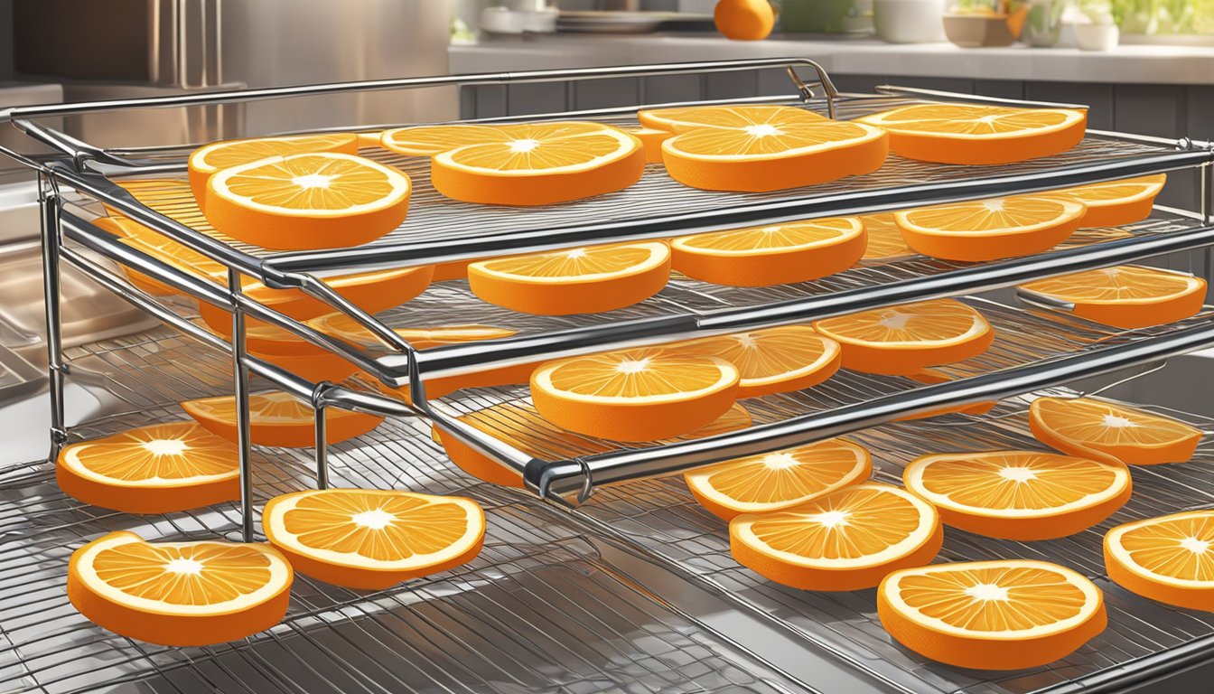 Fresh orange slices laid out on a wire rack in a sunlit kitchen, with a fan nearby for air circulation