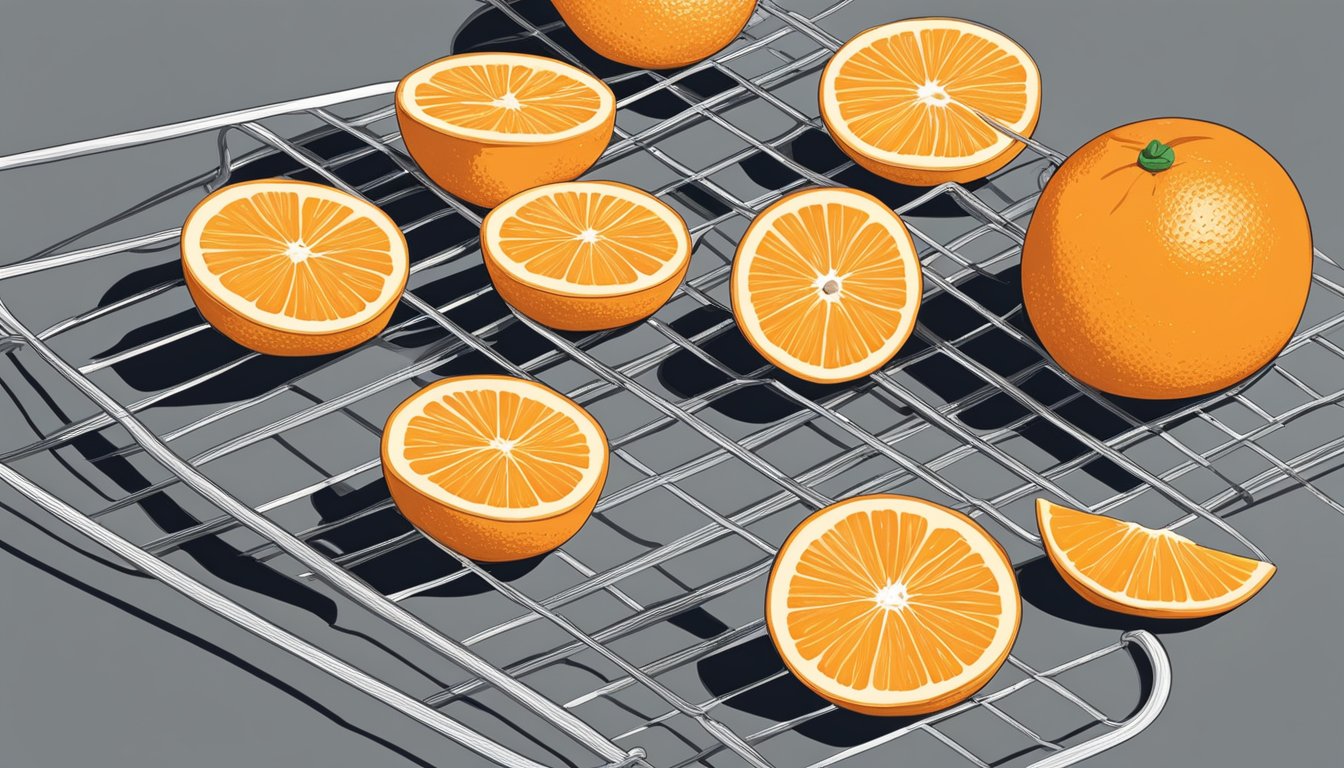 Fresh orange slices laid out on a wire rack under the sun, surrounded by a bowl of salt. A knife and cutting board are nearby