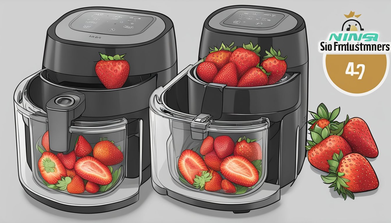 Fresh strawberries placed in ninja air fryer, set temperature and time, then removed and shown dehydrated