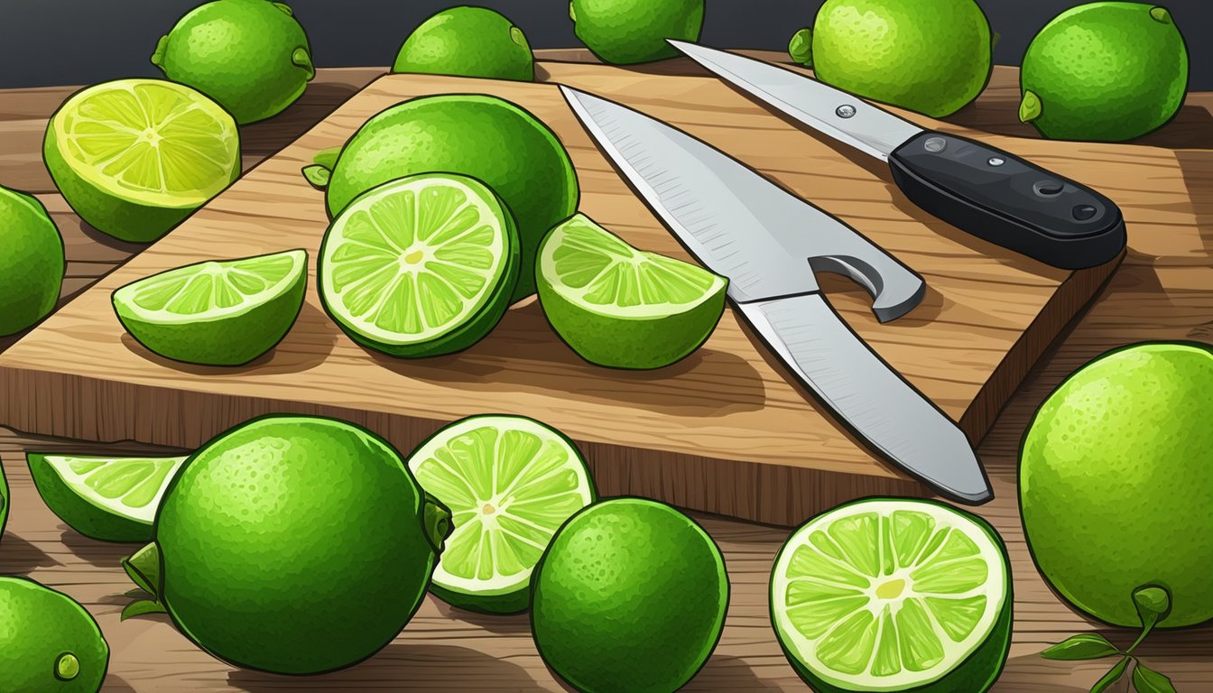 Fresh limes arranged on a cutting board, a sharp knife slicing them into thin, even rounds. A dehydrator hums in the background