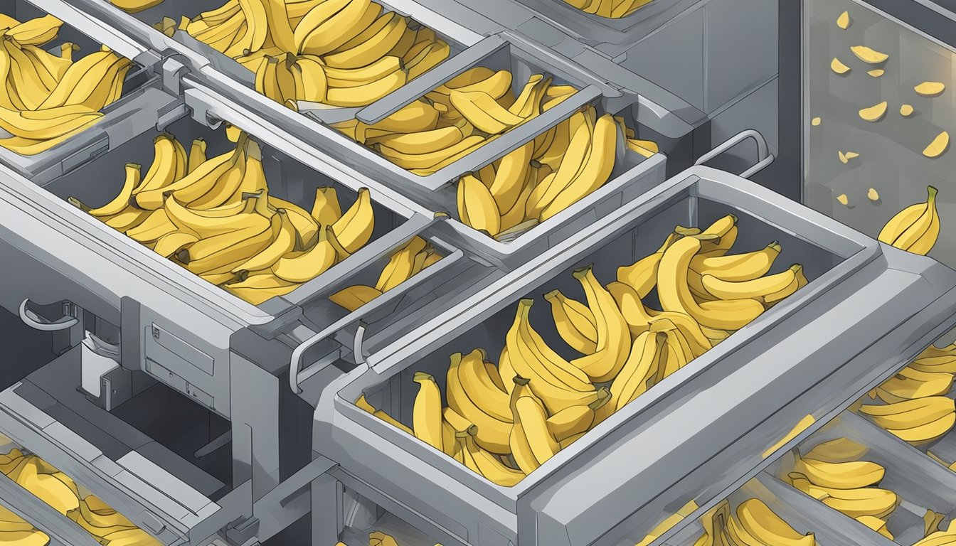 Banana peels laid out on dehydrator trays, with a machine running and warm air circulating around them