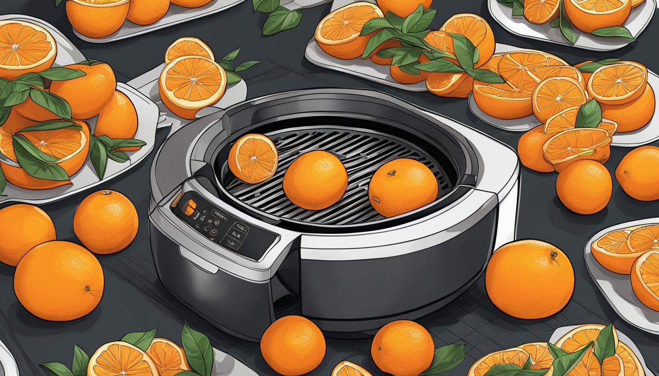 Fresh oranges being sliced into thin rounds and placed on the racks of a Ninja air fryer, with the machine set to low heat for dehydration