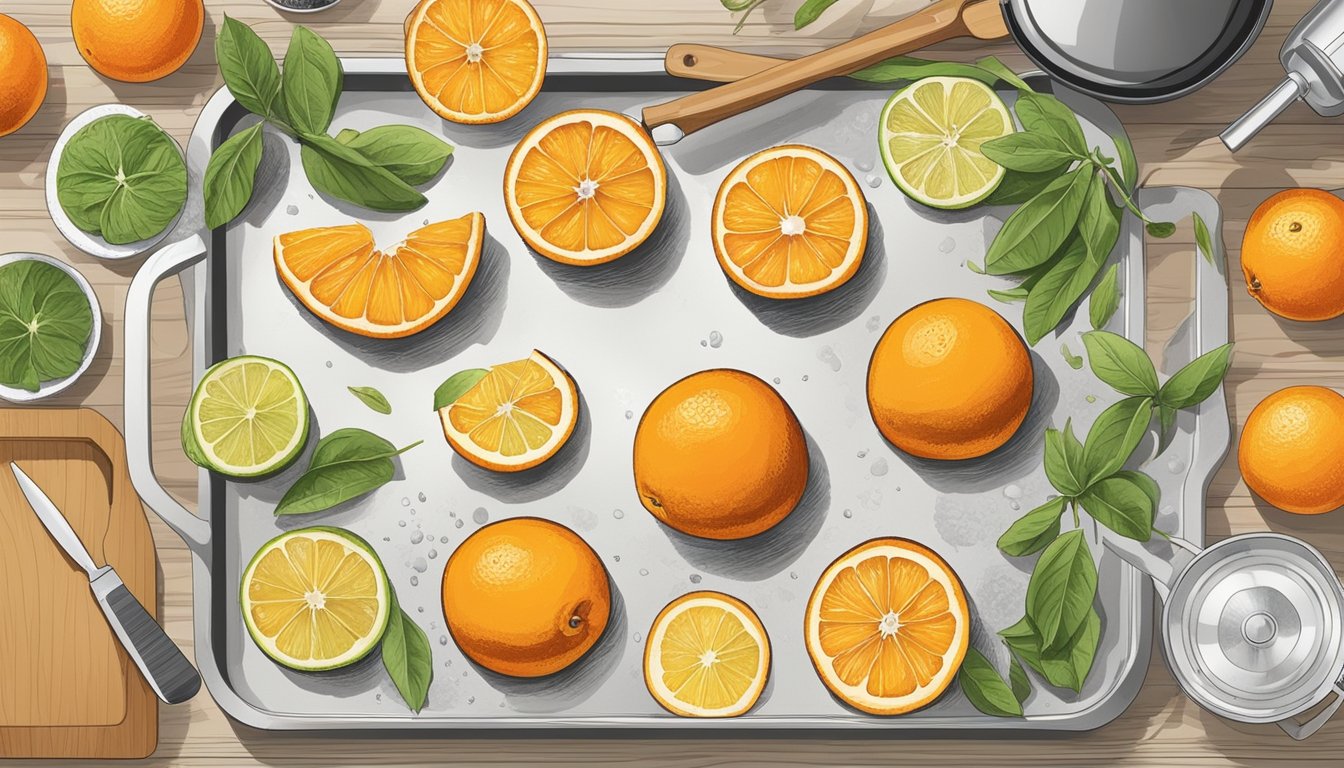 A kitchen counter with sliced oranges laid out on a baking sheet, surrounded by various kitchen tools and ingredients for dehydrating