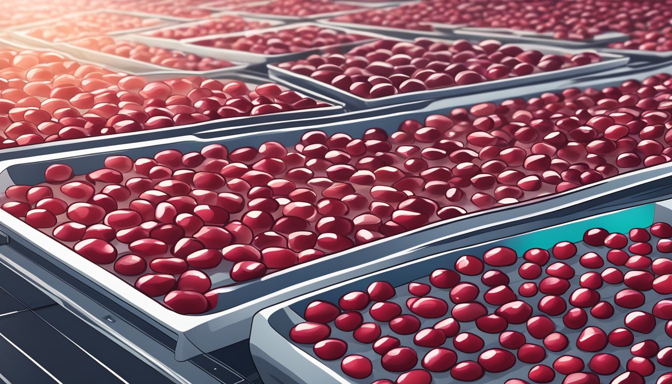 Frozen cranberries laid out on dehydrator trays, with the machine set to low heat