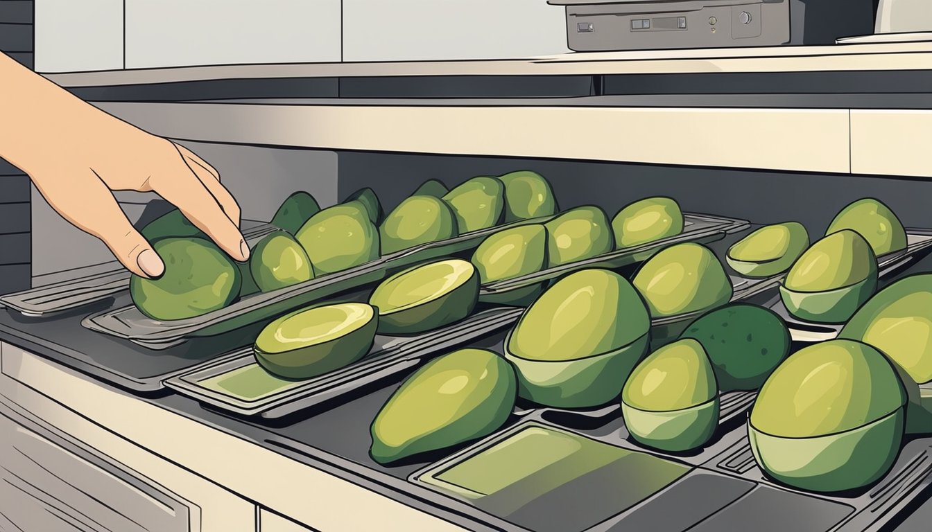 A hand reaching for ripe avocados on a kitchen counter, next to a dehydrator with sliced avocados on trays