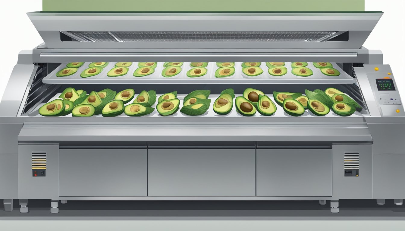 Fresh avocados being sliced and arranged on dehydrator trays, with the machine set to a low temperature for several hours