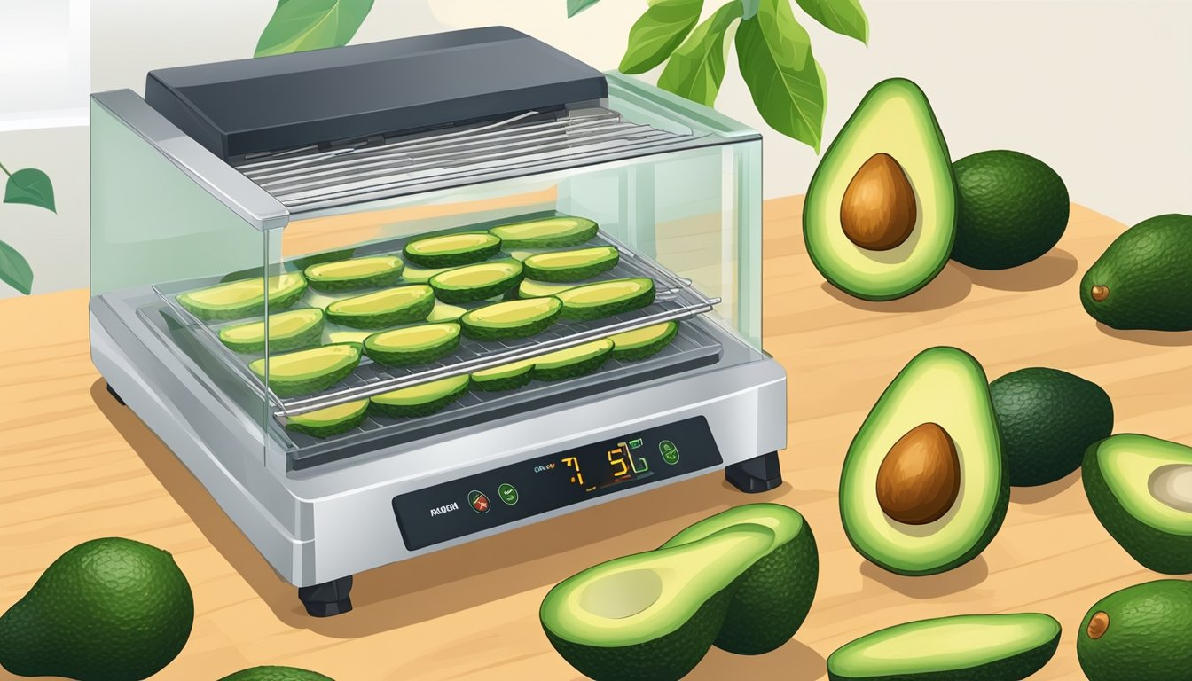 Fresh avocados being sliced and arranged on a dehydrator tray, with the machine set to the appropriate temperature and time for dehydration