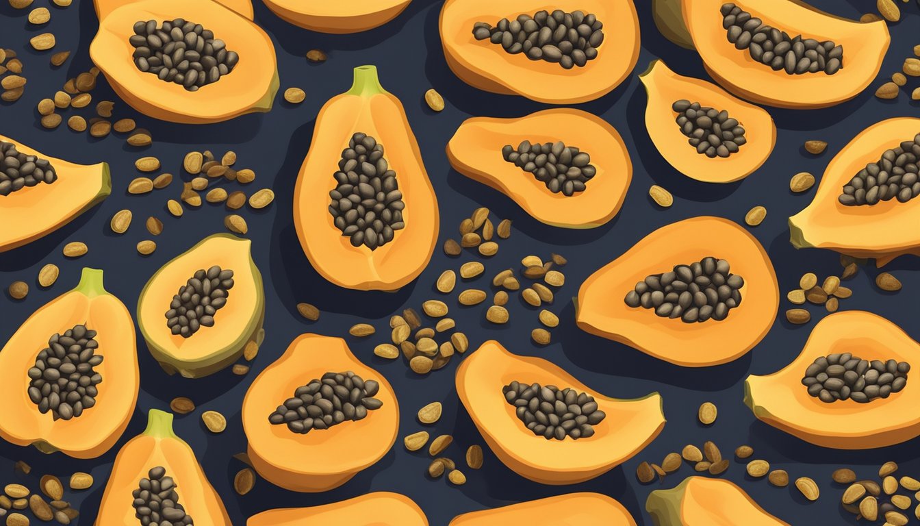 Papaya seeds spread out on a dehydrator tray, surrounded by vibrant yellow papaya slices. A warm glow from the dehydrator highlights the seeds' texture and color