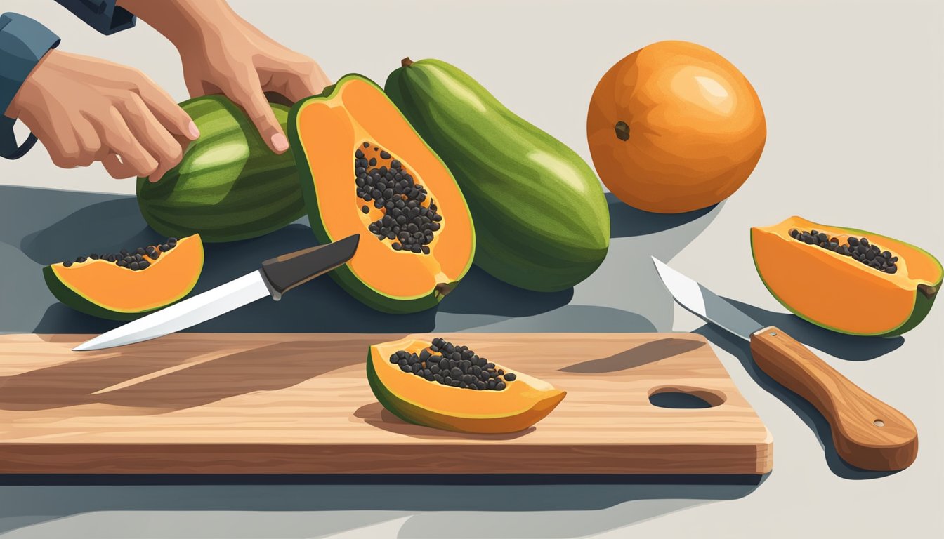 A hand reaching for ripe papayas with a knife and cutting board nearby