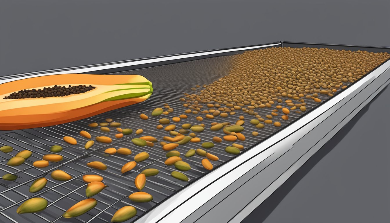 Papaya seeds spread out on a dehydrator tray, with the machine turned on and emitting a warm, dry heat