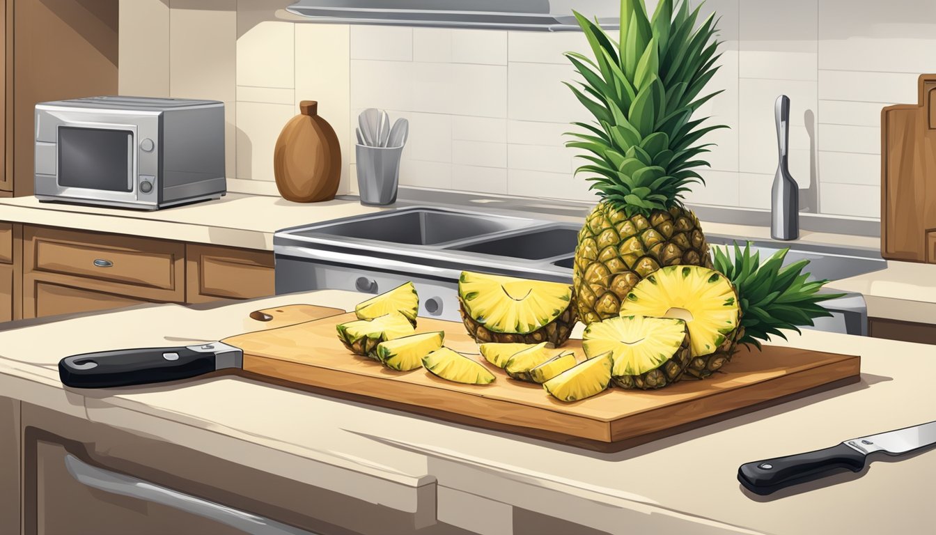 A kitchen counter with a cutting board, knife, and fresh pineapple slices ready for dehydration