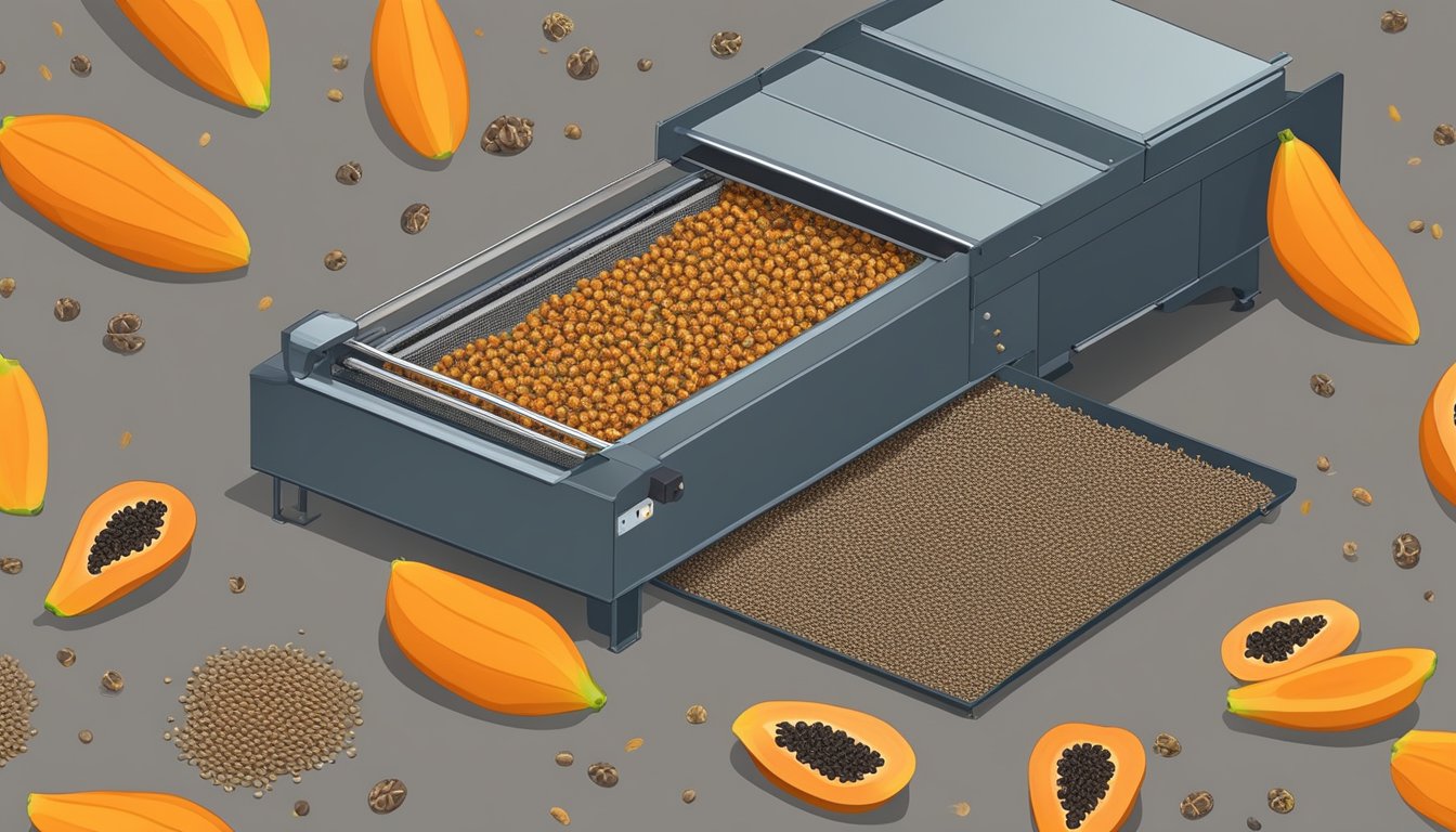 Papaya seeds being spread out on a dehydrator tray, with the machine set to low heat for several hours