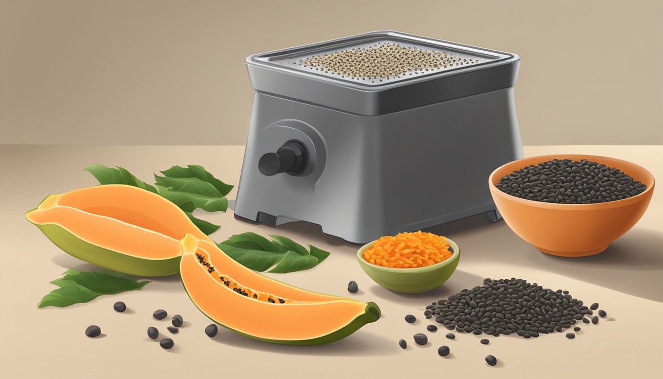 Papaya seeds spread on a dehydrator tray, surrounded by scattered dried papaya pieces and a bowl of fresh papaya