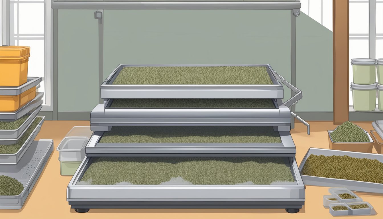 Papaya seeds laid out on a dehydrator tray, surrounded by safety equipment and labeled containers for storage