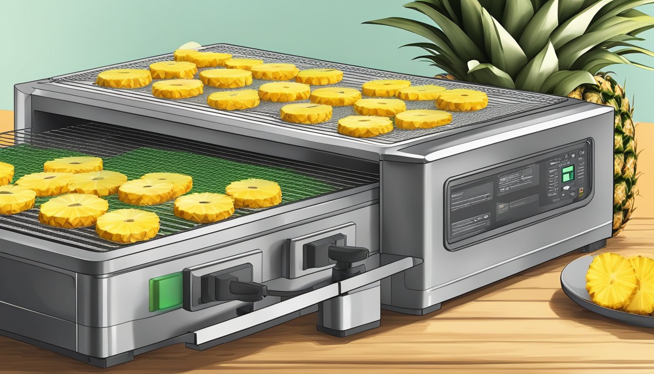 Fresh pineapple slices arranged on dehydrator trays, with the machine set to low heat