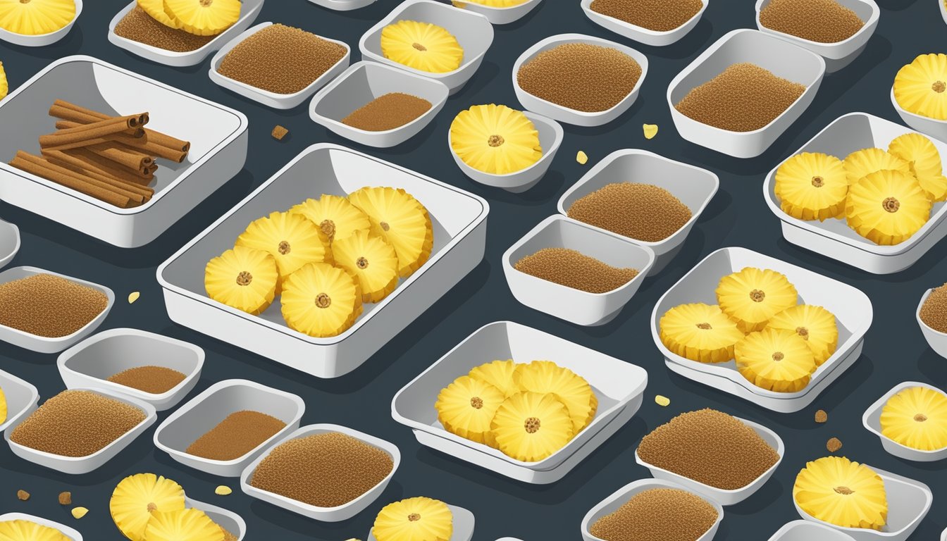 Fresh pineapple slices laid out on dehydrator trays, surrounded by bowls of sugar and cinnamon