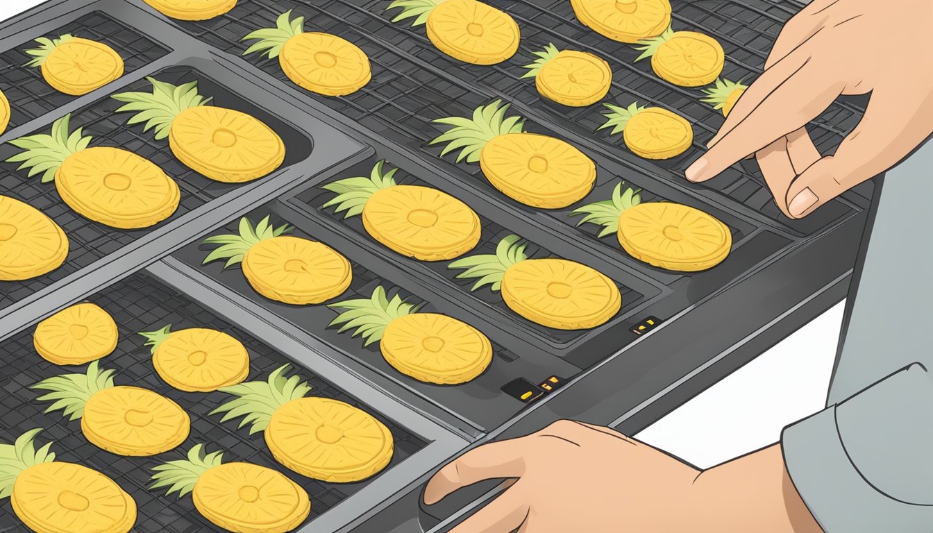 Fresh pineapple slices arranged on dehydrator trays, with a person adjusting the temperature and timer settings