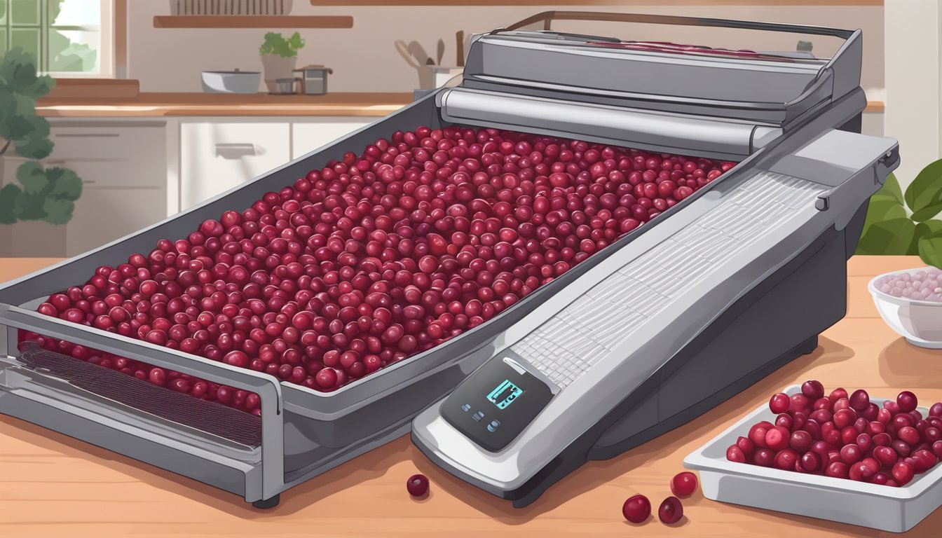 Fresh cranberries spread out on a dehydrator tray, with the machine set to a low temperature. A timer is set, and the cranberries slowly shrink as they dry