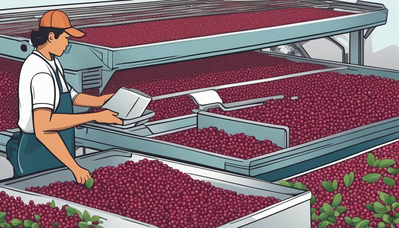 Fresh cranberries being sorted and placed on a dehydrator tray