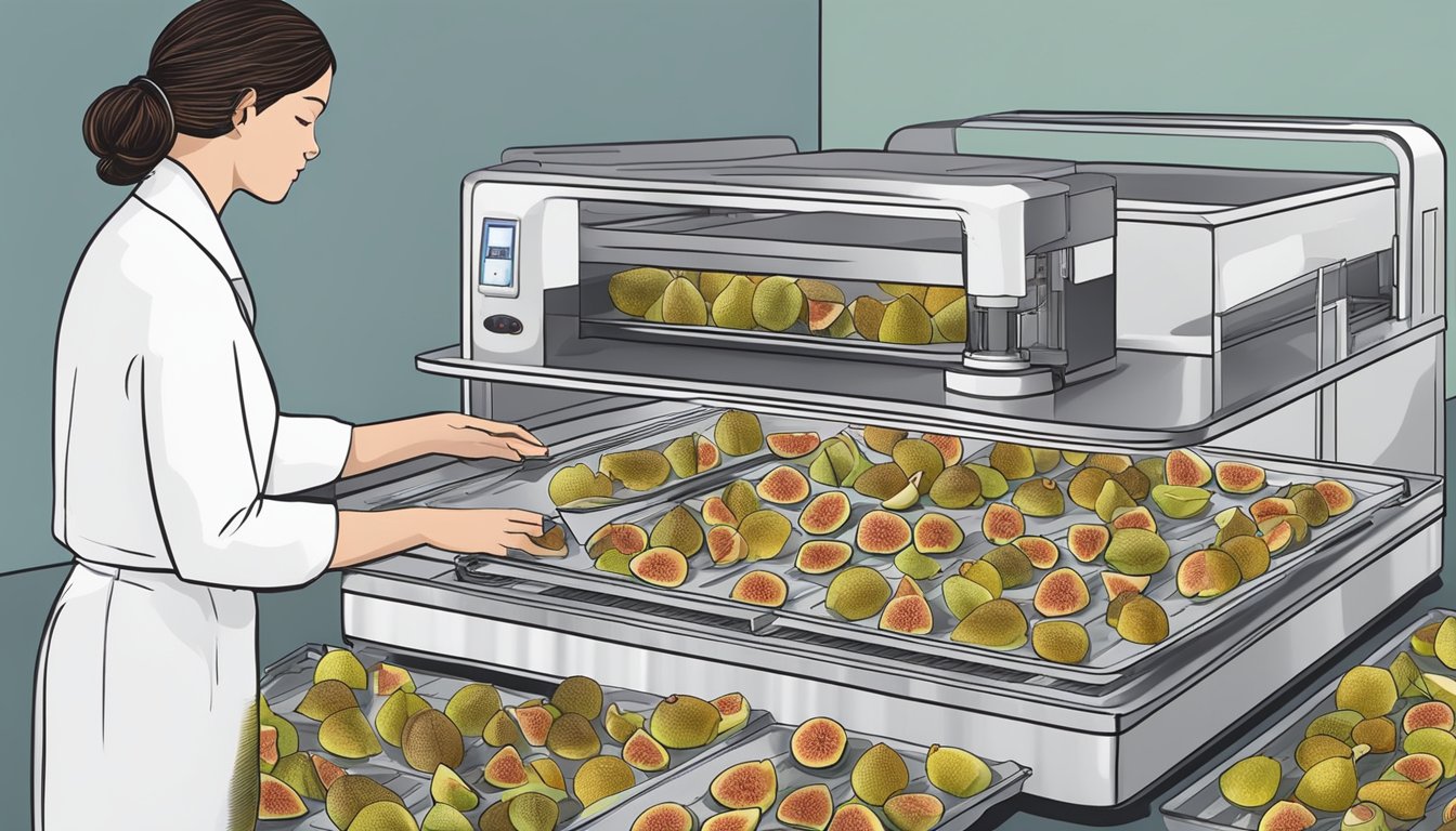 Fresh figs being sliced and arranged on dehydrator trays, with the machine's temperature and timer settings being adjusted