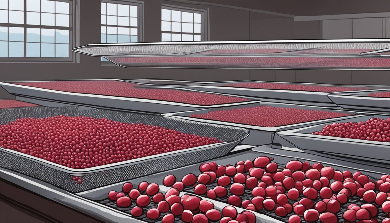 Fresh cranberries laid out on a wire rack in a warm, well-ventilated area, with a dehydrator and oven in the background