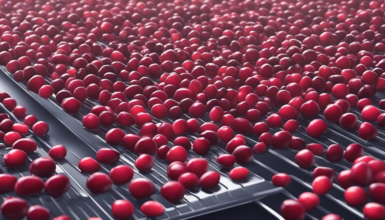 Fresh cranberries laid out on a dehydrator tray, surrounded by a scattering of dried cranberries. The dehydrator is set to a low temperature, with a soft glow emitting from the machine