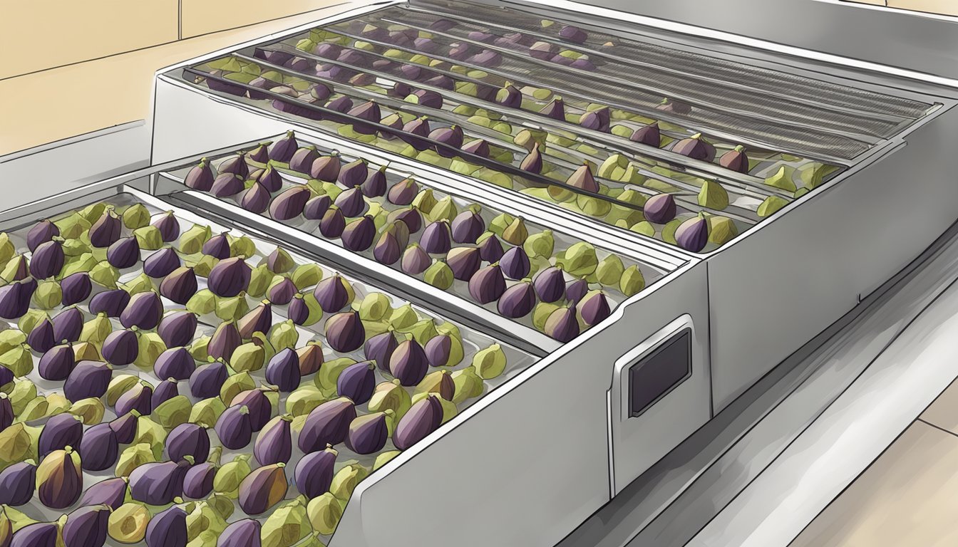 Fresh figs arranged on dehydrator trays, machine set to low heat, with the door closed