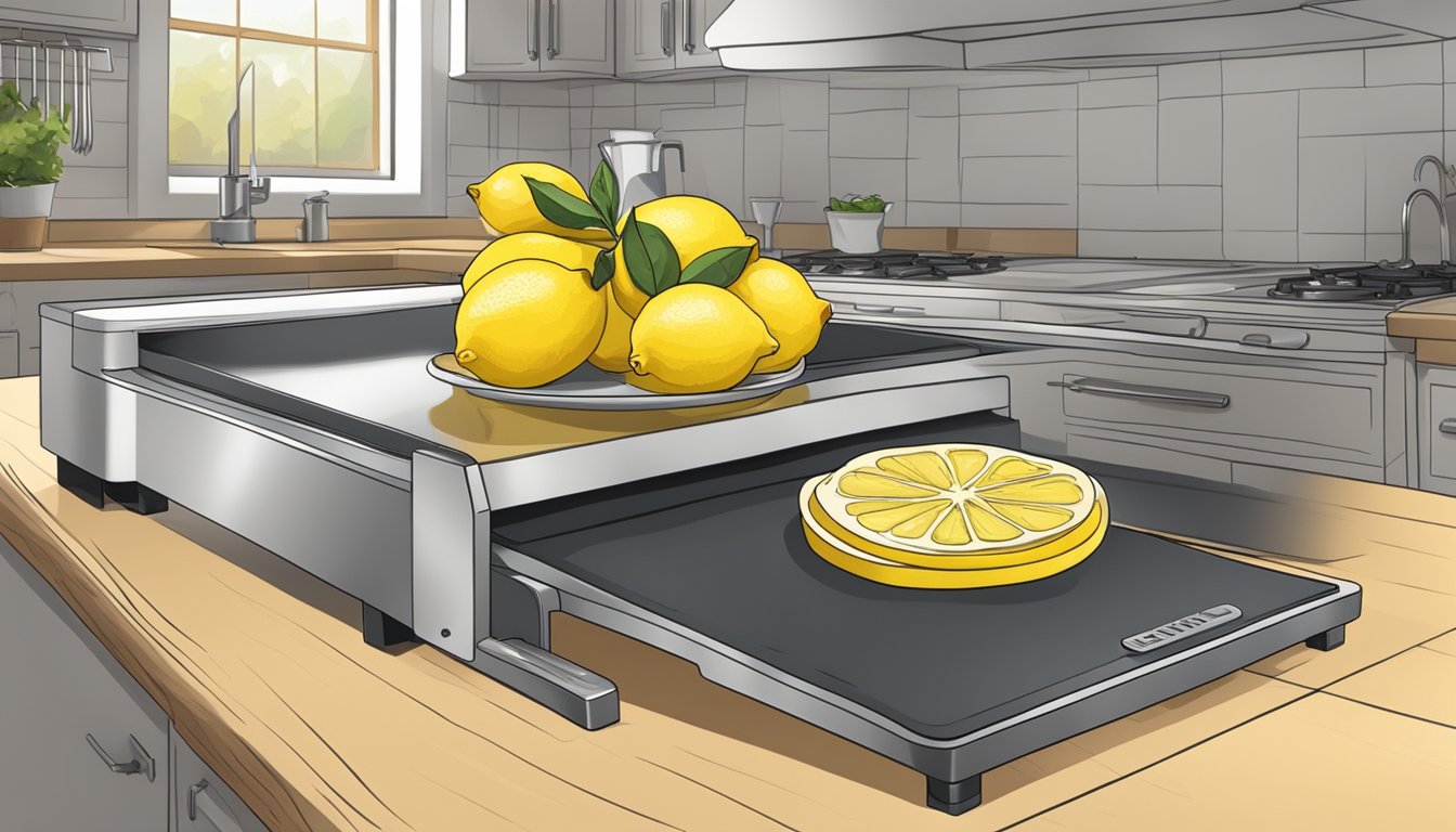 A kitchen counter with a cutting board, knife, and fresh lemons. A dehydrator sits nearby, with trays of sliced lemons ready for drying