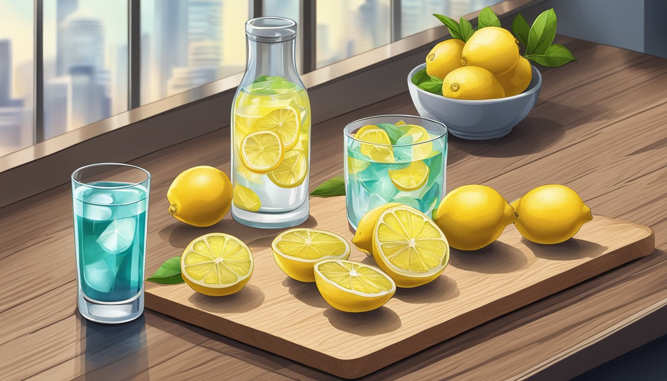 Fresh lemons sliced on a cutting board, a dehydrator, and a glass of cocktails on a bar counter